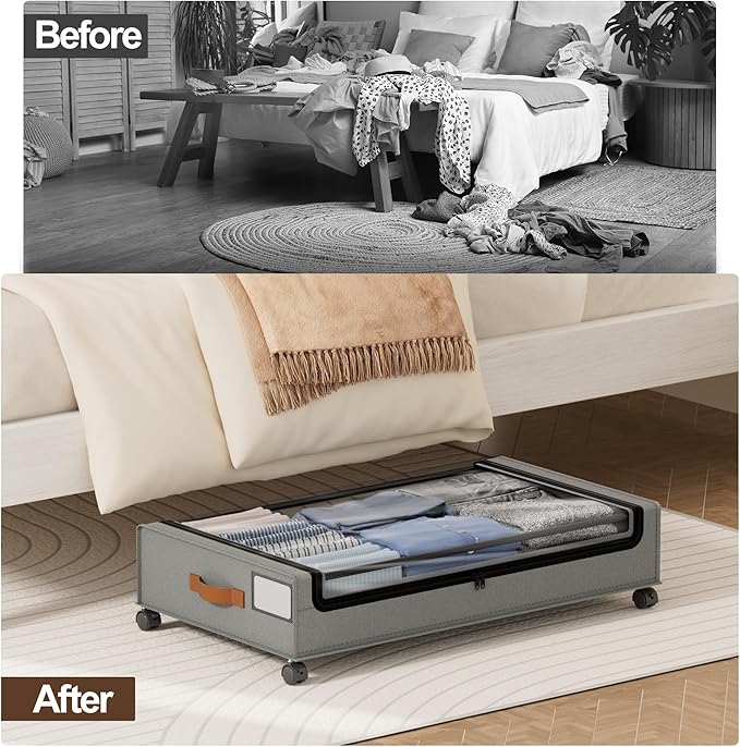 LAMU Under Bed Storage with Wheels 2 Pack, Under Bed Storage Containers with Clear Lid & PU Leather Handle, 6.7 Inches Height Rolling Underbed Drawer Organizer Bins for Clothes, Shoes, Blankets, Grey