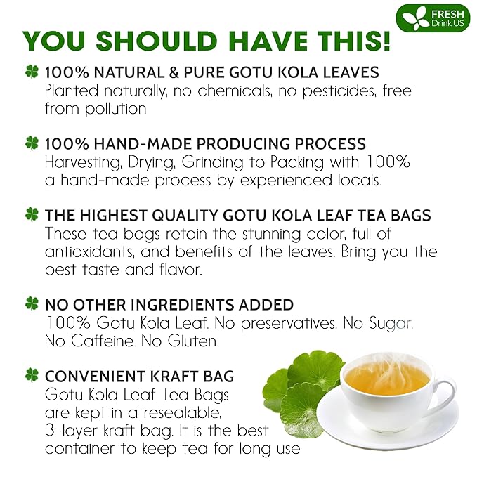 FreshDrinkUS, Premium Gotu Kola Leaf Tea – 40 Tea Bags | Pure Dried Centella Asiatica Leaves | Naturally Caffeine-Free Herbal Tea | Refreshing Aroma & Smooth Taste | Premium Herbal Infusion. Vegan