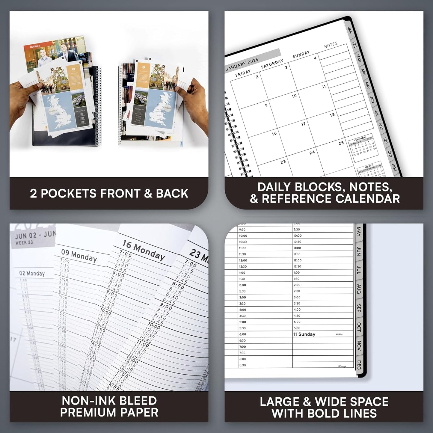 Ensight 2026 Appointment Book and Planner 6.5" x 8.5" Large Hourly Weekly Daily Schedule Book with Tabs, 30 Minute Time Slots, Black Calendar Organizer Jan 2026–Dec 2026 Appointment Planner - Black