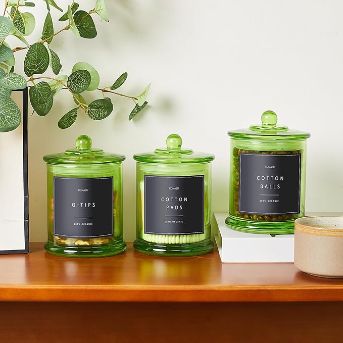3 Pack Qtip Holder Dispenser, 16oz Bathroom Organizer and Storage Canisters, Glass Apothecary Jars with Lid - Home Decor, Room Decor Aesthetic (Green)