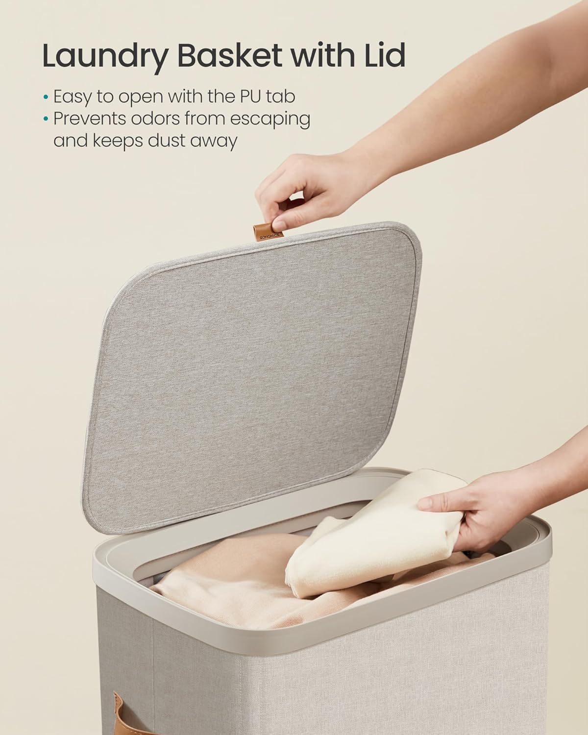 SONGMICS Laundry Basket, 26.4 Gal. Laundry Hamper, Easy Assembly, with Lid and Handles, Removable Liner, 16.5 x 12.6 x 29.5 Inches, Cappuccino Beige ULCB811LH01