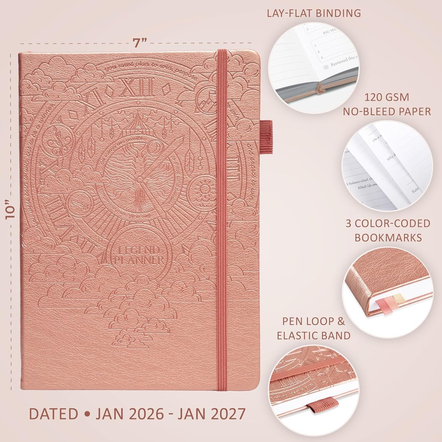 Legend Planner PRO Dated Jan 2026-Jan 2027 – Deluxe Weekly & Daily Organizer with Time Slots. Appointment Book Journal for Work & Time Management, A4 Hardcover (Rose Gold)