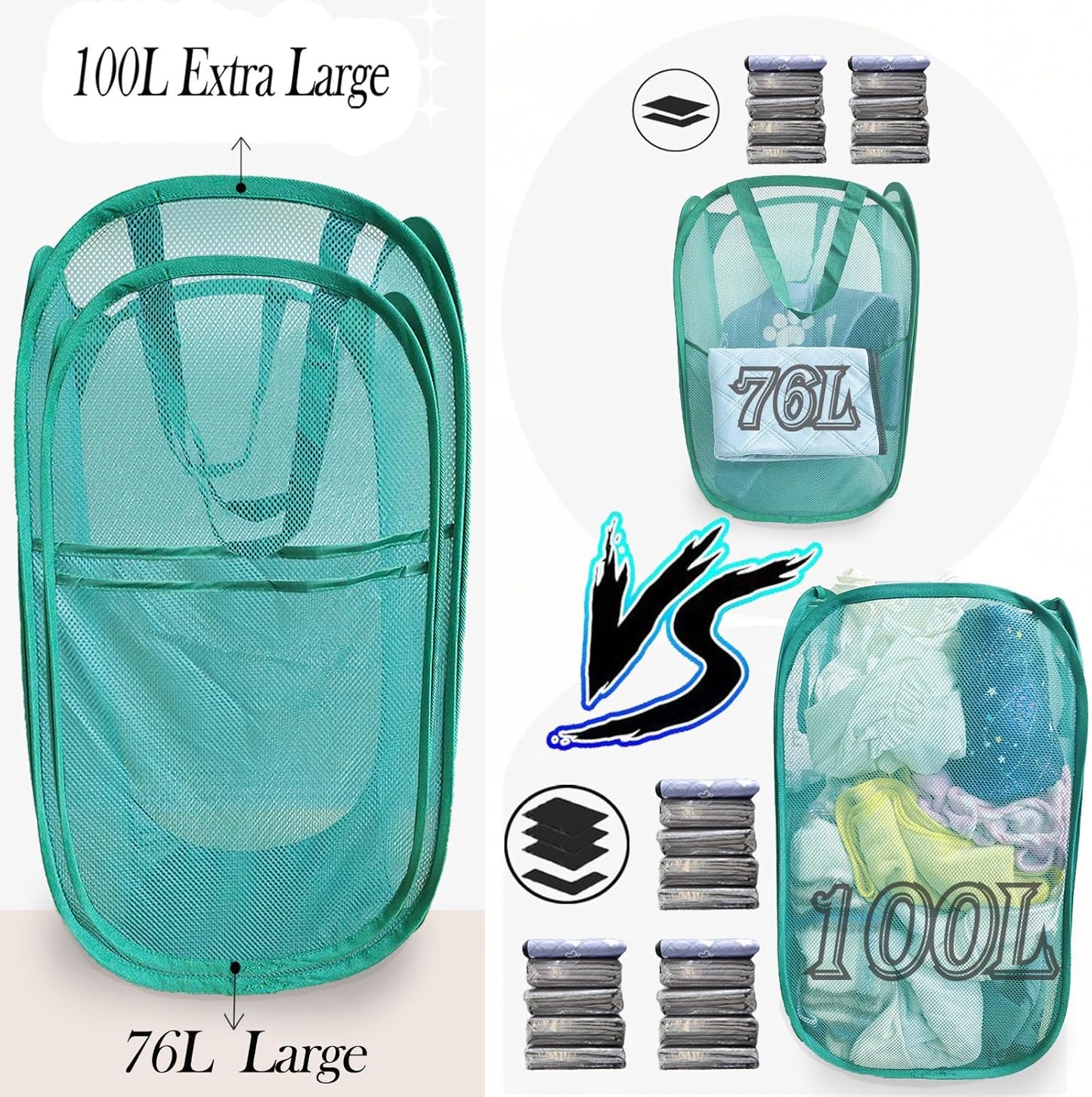 Upgraded Extra Large Mesh Pop Up Laundry Hamper 2 Pack, 100L Foldable Laundry Baskets, Dirty Clothes Hamper with Handles, Collapsible Hampers for Laundry Travel, Dorm or Home. Green