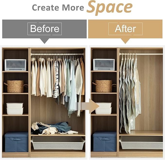 TAILI Hanging Vacuum Sealer Storage Space Saver Bags for Clothing, Suits and Jackets, Closet Organizers, Wider Sides (3 Long, 3 Short) Cream