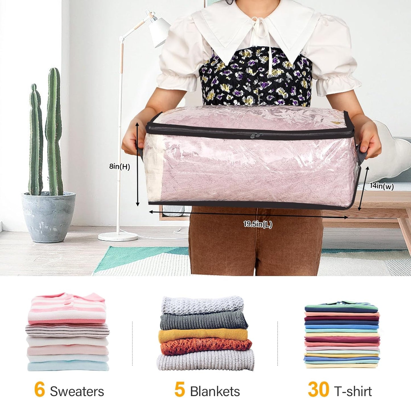 Fixwal 2pcs Small Comforter Storage Bags with Zipper 35L Capacity, Clear Plastic Closet Storage and Organizers for Clothing Sweaters Bedding Blankets