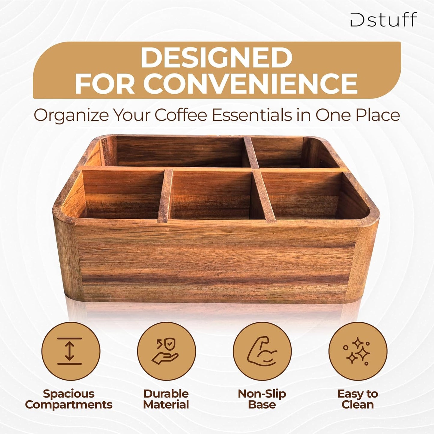 Dstuff Acacia Wood Coffee Station Organizer for Countertop, Tea Organizer and Holder, Coffee Bar Caddy with Multiple Compartments for Home and Office Decor
