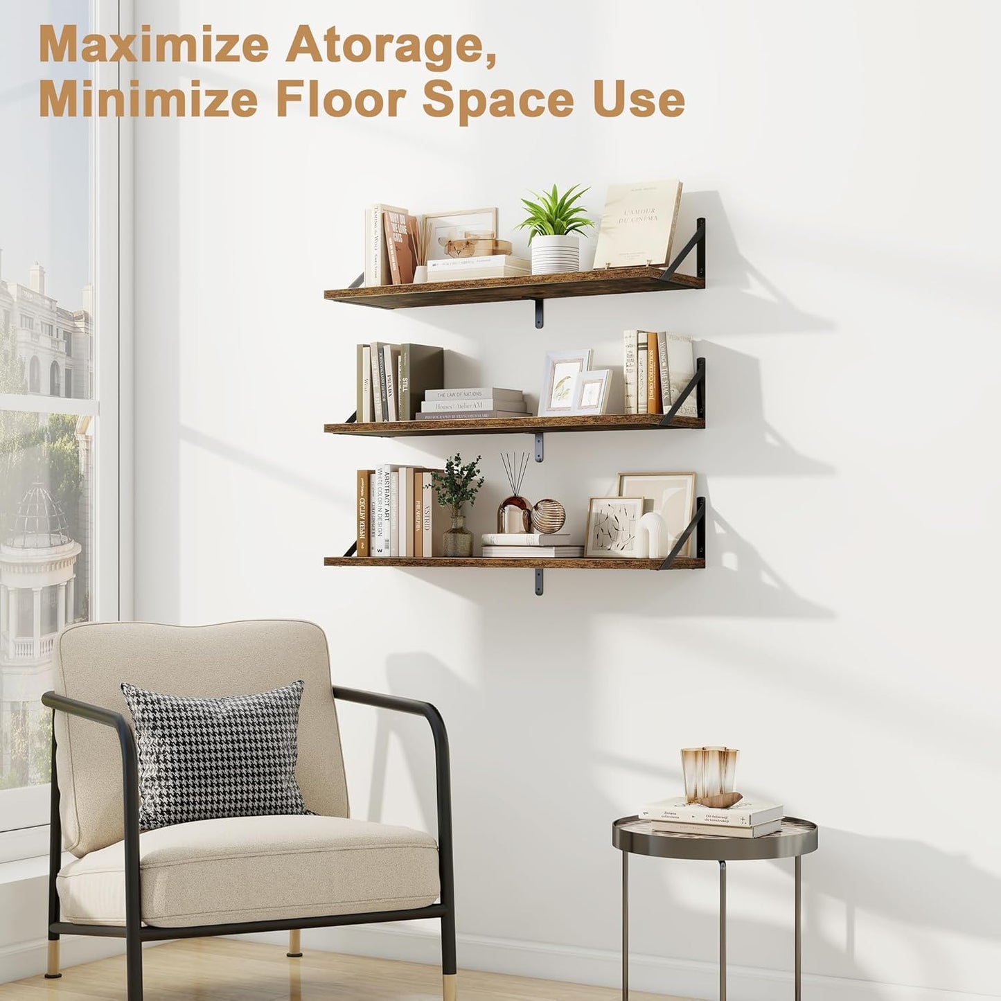 Fun Memories Floating Shelves, 32 x 8 Inches, Set of 3 Wall-Mounted Bookshelves with Metal Brackets, Decorative Storage for Home and Office (Rustic Brown)