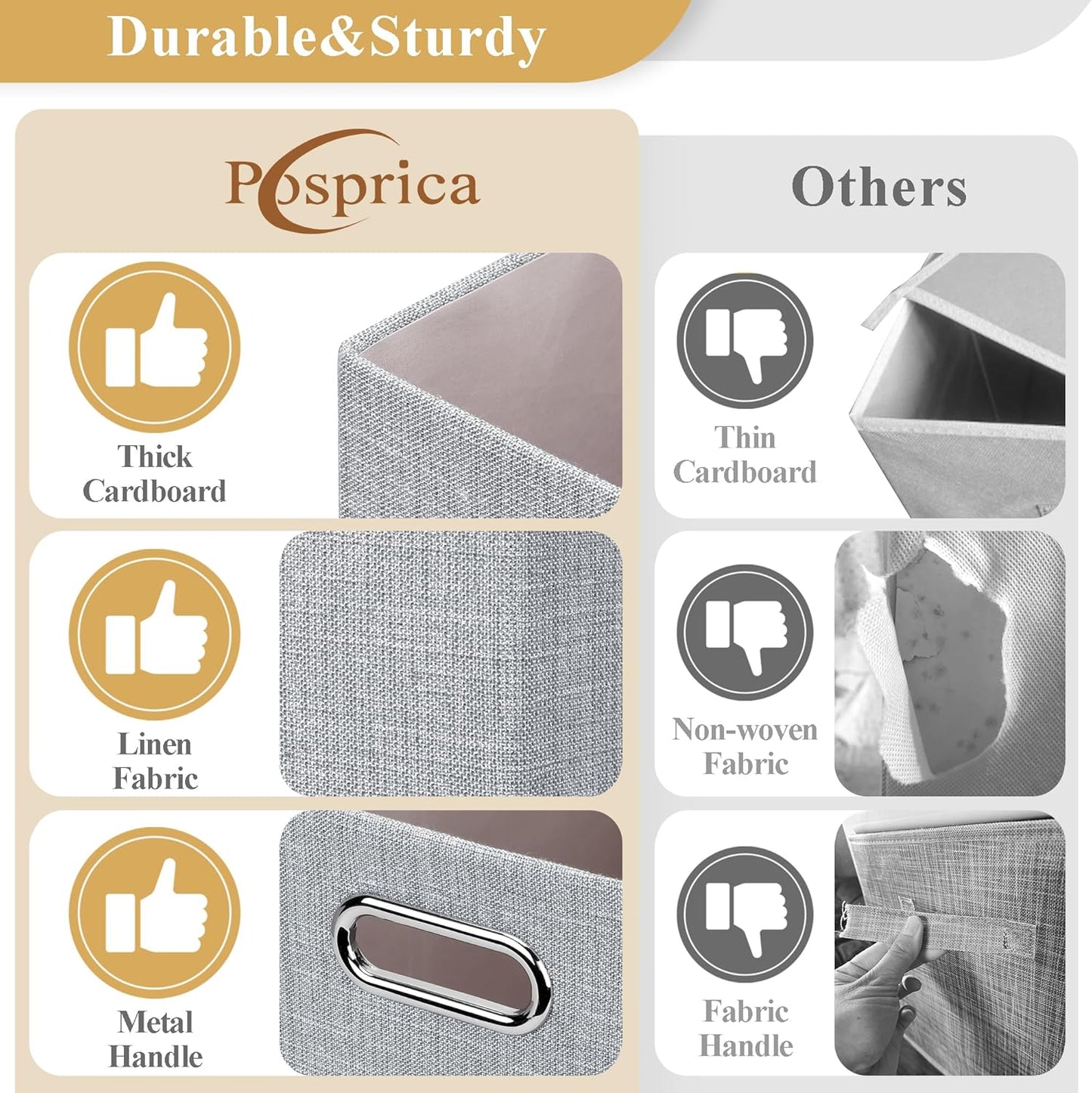 Posprica 15.12"x12.13"x12.01" Storage Cube Bins, Linen Decorative Closet Storage Organizer for IKEA Kallax, 4 Pack Fabric Foldable Large Storage Baskets for Closet, Shelves, Clothes, Toy(Grey)