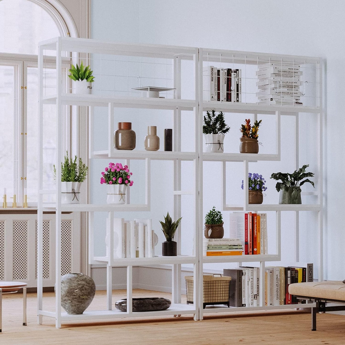 IRONCK Bookshelves and Bookcases 6-Shelf Etagere Bookcase, Industrial Open Display Shelves Geometric Bookcase with Sturdy Metal Frame，Industrial White