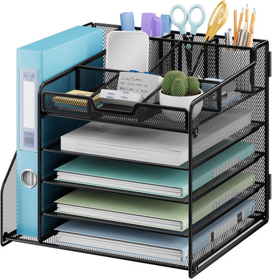 Lavatino Desk Organizer, 5-Tier Metal Mesh Paper Letter Tray with 1 File Holders & 7 Flexible Dividers for Office or Home Desk Organizers and Accessories, Keep Workspace Supplies Neat, Black