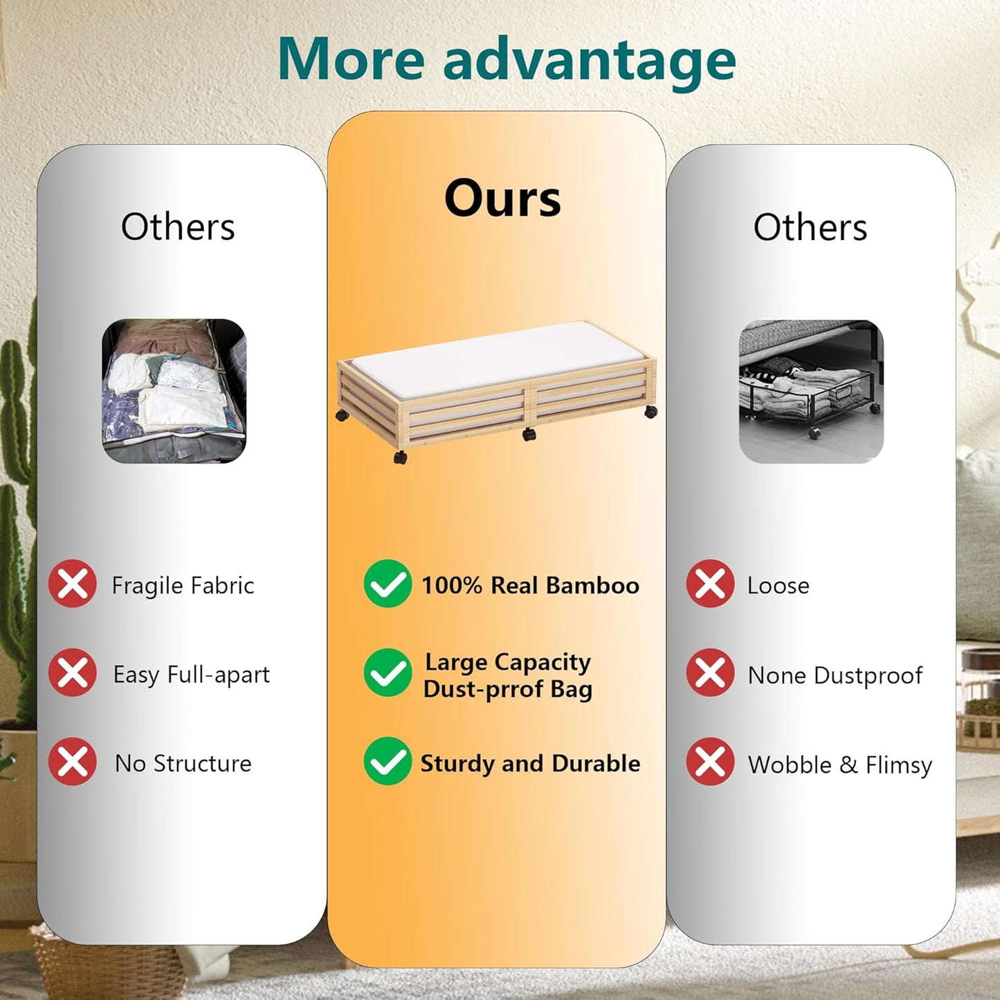 Bamboo Under Bed Storage Containers- Underbed Organizer with Wheels with Large Capacity Dust Bag,Sturdy Wood Rolling Under Bed Shoe Storage Organizer 2 Packs (Nature, 2 Packs (33.07"×16.54"))