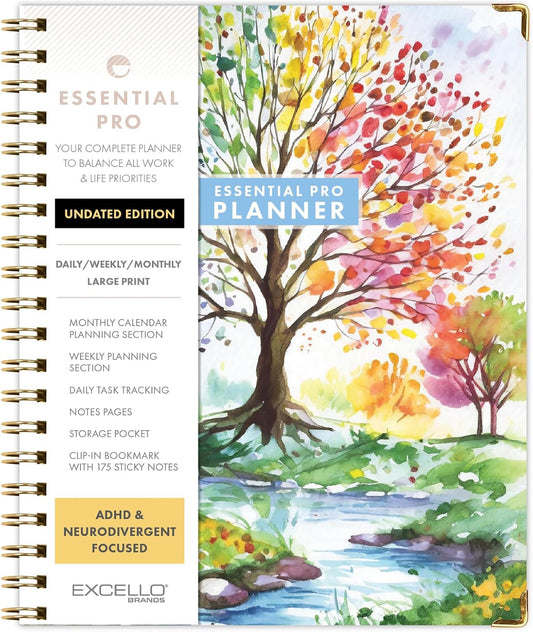 ESSENTIAL PRO Undated Daily, Weekly & Monthly Planner,Monthly Tabs,Daily Tracking,Notes Pages,Storage Pocket,Bookmark w Sticky Notes (Tree Seasons)