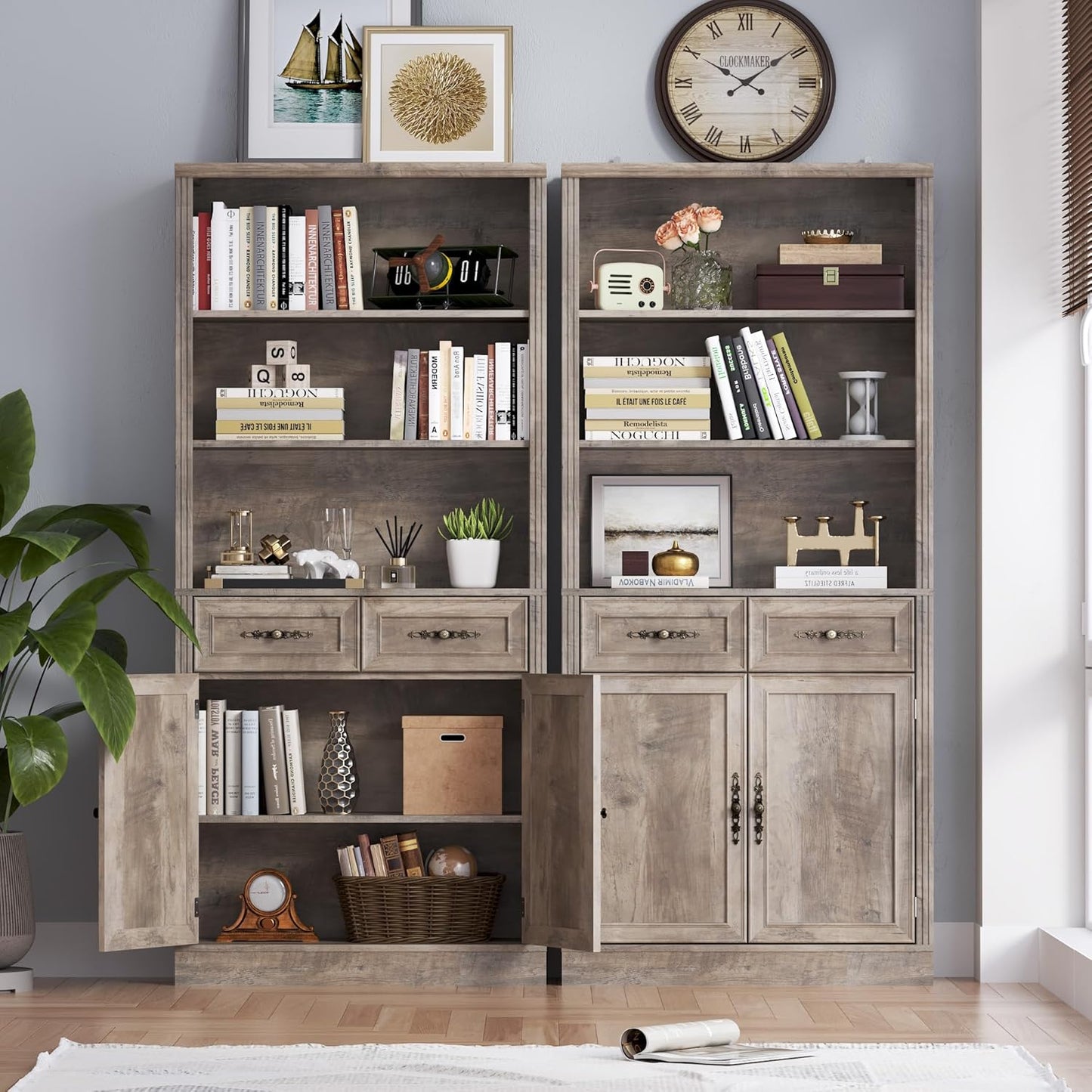 71.4" Tall Bookshelf with Drawers & Cabinet, 5-Tier Floor Standing Bookcase with Storage Doors, Adjustable Shelves & Metal Handles, 31.5" Wide Organizer for Home Office, Living Room