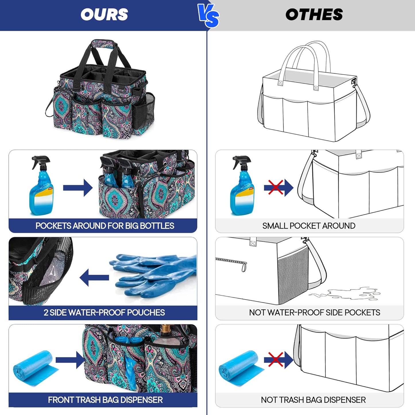 LoDrid Large Professional Cleaning Caddy with Detachable Divider, Supply Organizer with Handle and Shoulder Strap, Cleaning Bags for Housekeepers & Cleaners, Totem