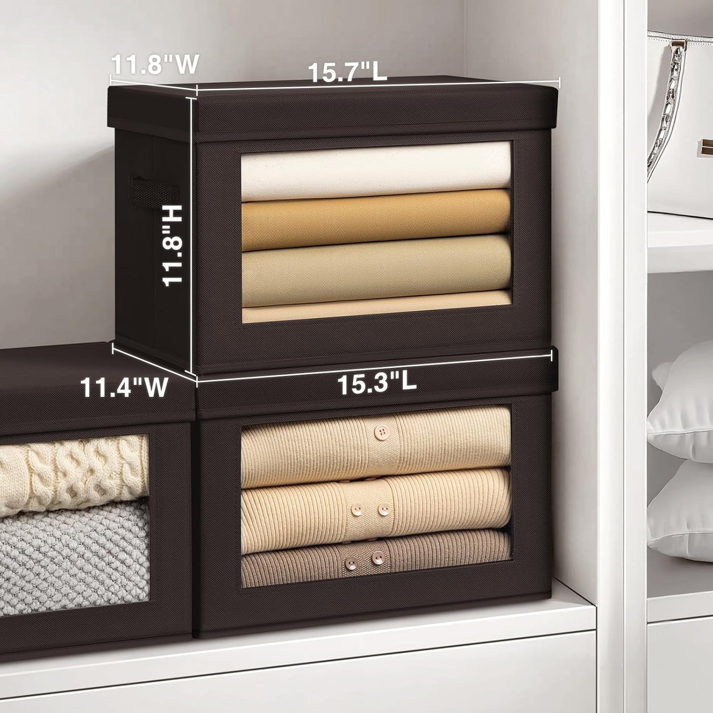 Stackable Storage Bins with Lids - Large Storage Box with Lids, Foldable Closet Boxes for Organizing, Wardrobe Clothes Organizer with Window, Cubes Bins for Living Room, 4 Pack, Brown