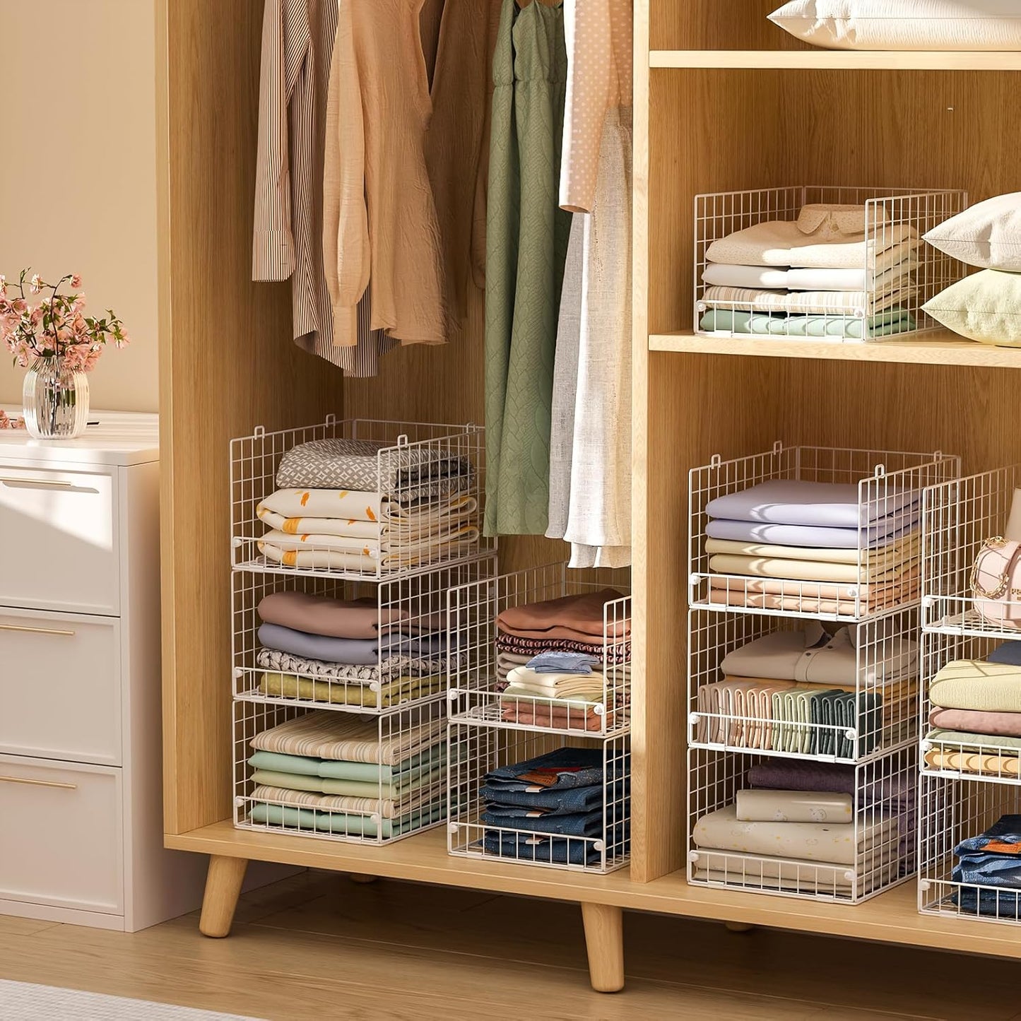 Stackable Closet Organizers and Storage - 4-Tier Stackable Storage Bins, Foldable Closet Shelf Organizer Basket, Clothes Organizers and Storage Shelves for Closet Organizer System(15.7"x11.8"x34.64")
