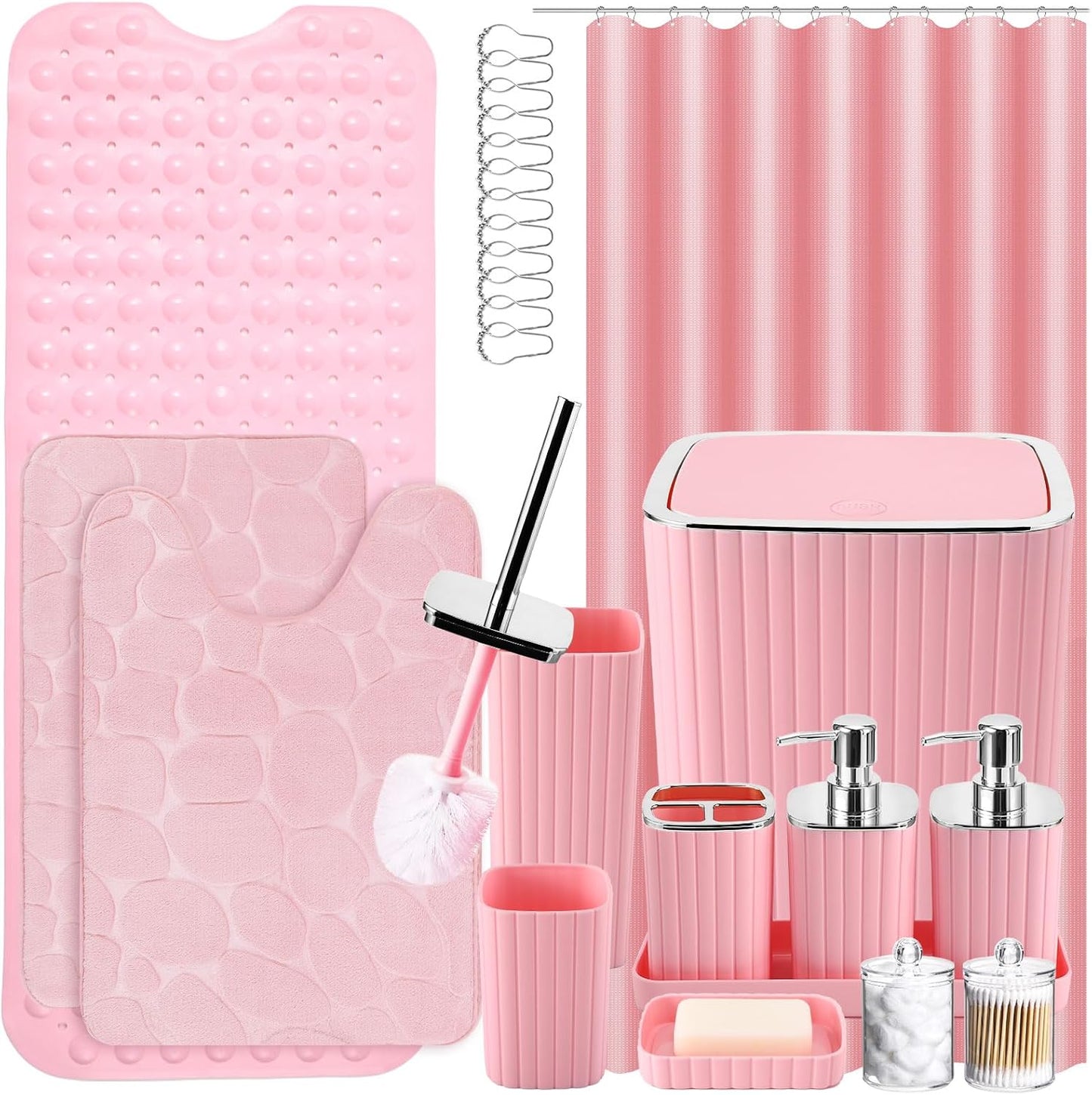 26PC Bathroom Accessories Set - Gorgeous Pink Bathroom Set, Bathroom Accessory Set, Pink Shower Curtain Set with Bathtub Mats for Shower Tub