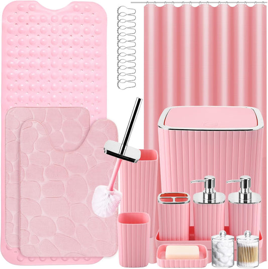 26PC Bathroom Accessories Set - Gorgeous Pink Bathroom Set, Bathroom Accessory Set, Pink Shower Curtain Set with Bathtub Mats for Shower Tub