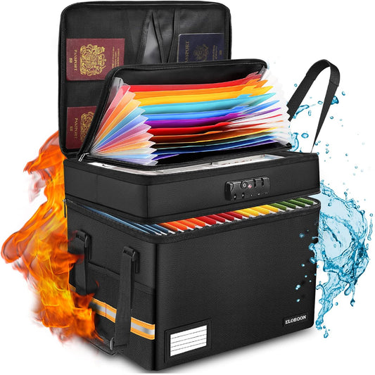 Fireproof Document Box with 13 Pockets Accordian File Organizer, Water-Resistant File Organizer Box with Lock, Collapsible File Storage Cabinet for Hanging Letter/Legal Folder, Black