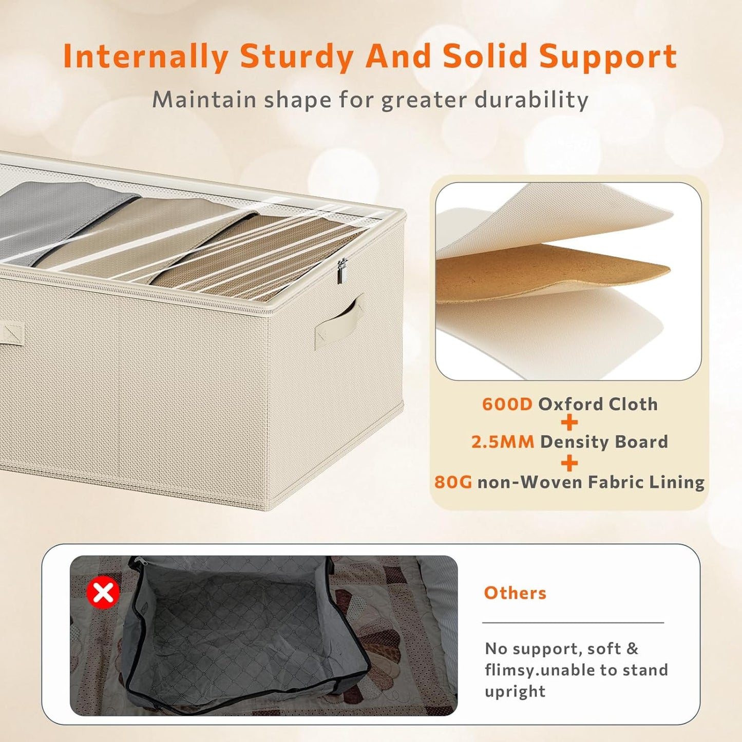 2 Pack Under Bed Storage Containers, 10 Inch Tall Underbed Clothes Storage Organizer Bin with Clear Window，Foldable Box Basket for Clothes, Closet, Bed Sheets and Blankets Beige