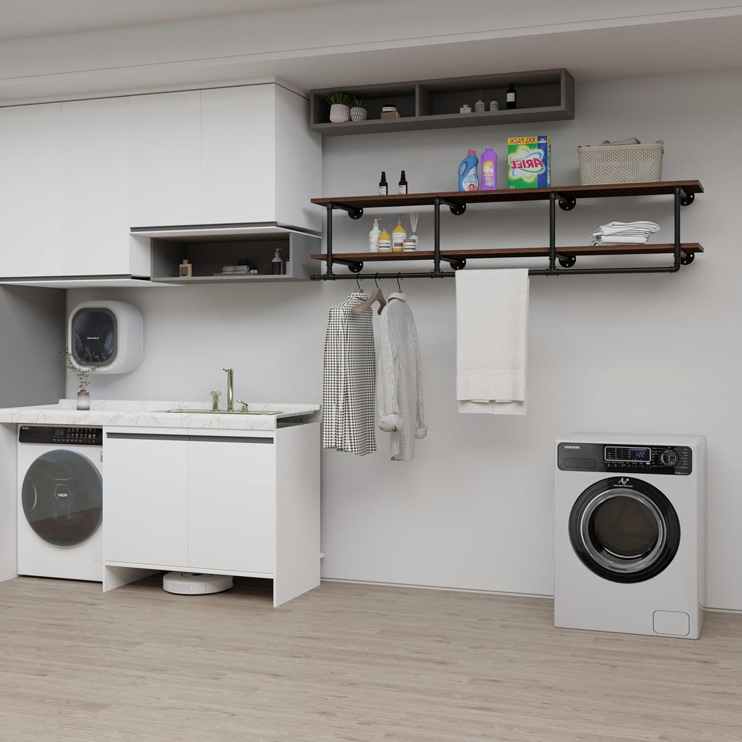 Wall Mounted Clothes Rack 12 Inch Deep, 72 Inch Heavy Duty Garment Rack with Real Walnut Wood Shelf, Multi-Purpose Hanging Rod & Space-Saving Closet Storage Organizer