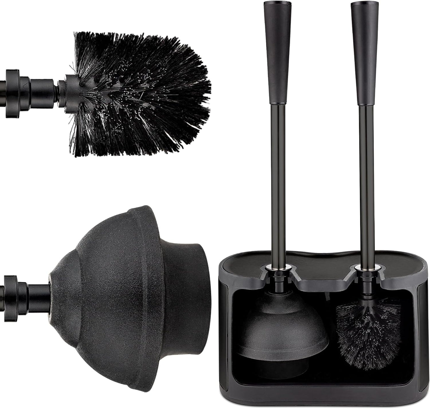 UMIEN Toilet Brush and Plunger Set 18-in - Updated 2025 No-Rust - Stainless Steel Design - Long Handles - with Freestanding Canister (Matte Black)