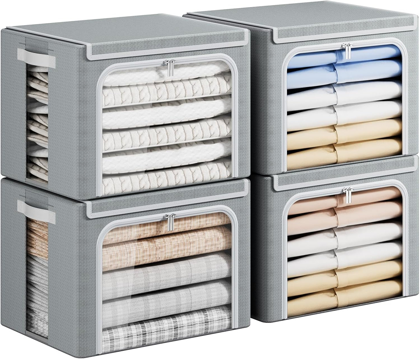 Yecaye Clothes Storage Bins with Metal Frame, Foldable Clothing Storage Bin with Lid, Stackable Oxford Fabric Organizer Box With Clear Window & Zippers & PU Leather Handles (4 Pack,Grey,40L)