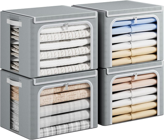 Yecaye Clothes Storage Bins with Metal Frame, Foldable Clothing Storage Bin with Lid, Stackable Oxford Fabric Organizer Box With Clear Window & Zippers & PU Leather Handles (4 Pack,Grey,40L)
