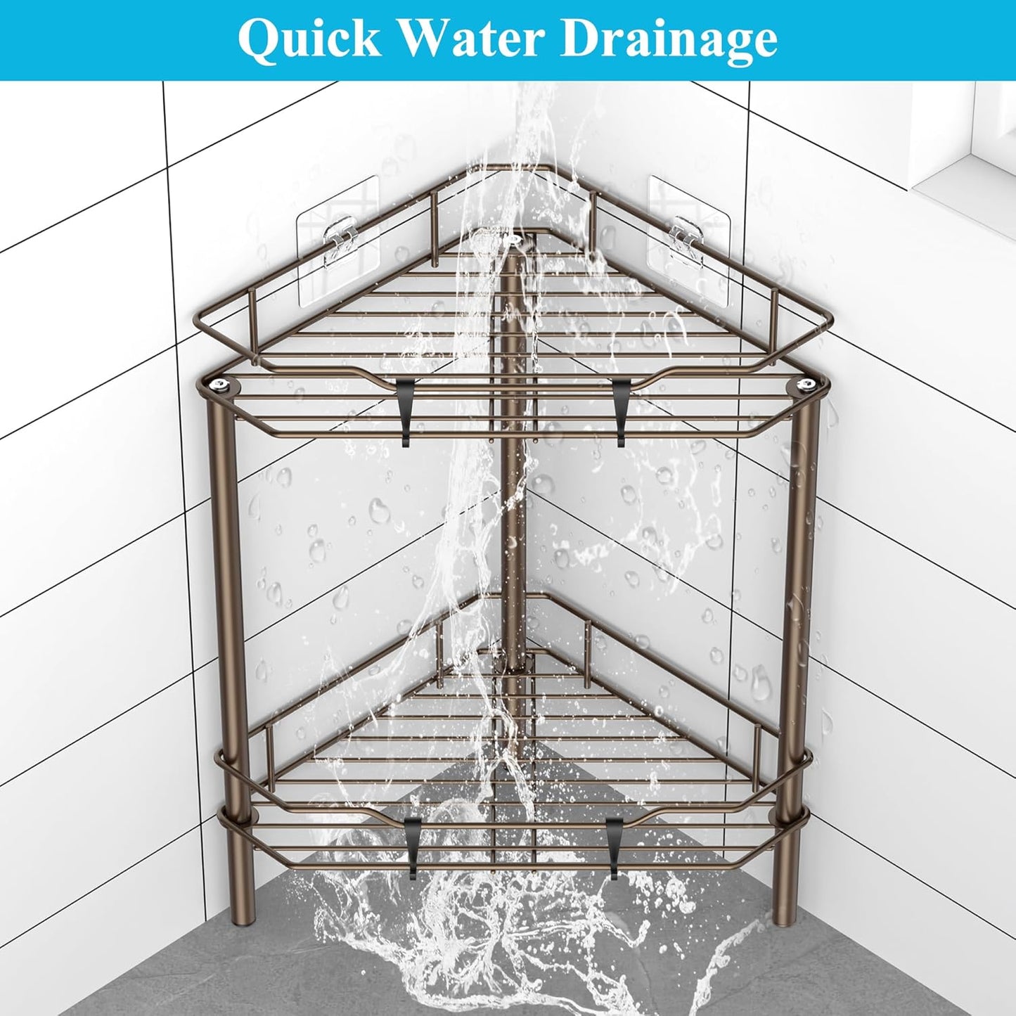 2 Tier Floor Standing Corner Shower Caddy Organizer Shelf with Hooks, Bathroom Shelves Stand Rack, Bronze