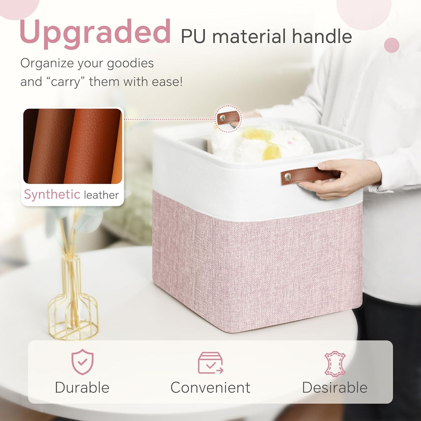 Cube Storage Baskets 6 Pack, 11x11 inch Foldable Cube Storage Bins with Leather Handles for Shelf Closet Nursery Toys (White/ Pink)