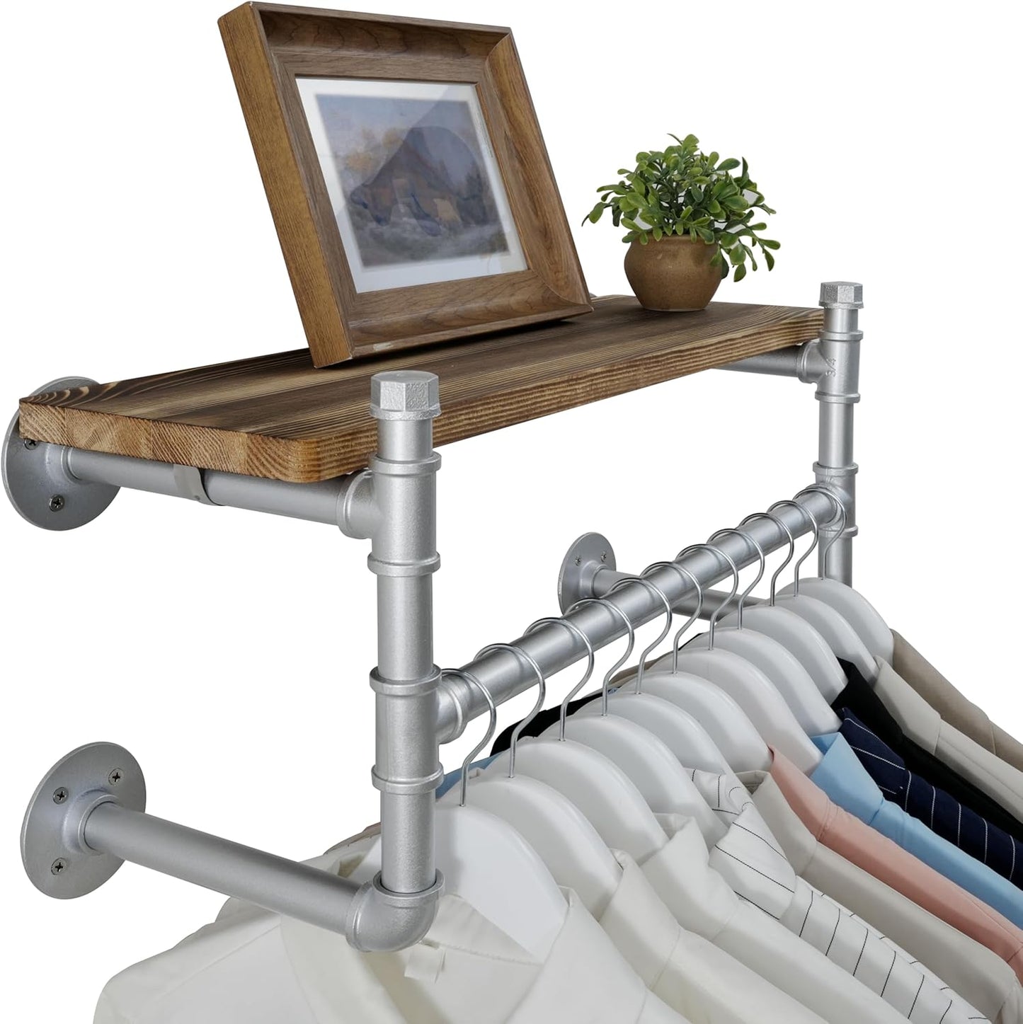 WEBI Wall Mounted Clothes Rack with Shelf,24" Industrial Pipe Clothing Rack with Shelf with Hanging Rod,Heavy Duty Iron Garment Rack Bar,Retail Display Clothes Rod for Laundry Room,Closet,Silver