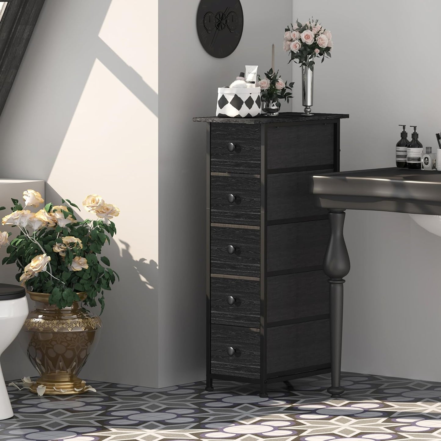 GiftGo Narrow Dresser Vertical Slim Dresser Chest of Drawers Skinny Storage Tower for Small Spaces Gaps Closet Bedroom Bathroom Small Fabric Drawer Unit (Charcoal Black, 5 Drawers)