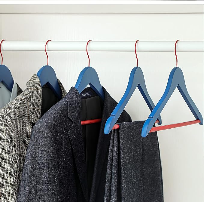 TOPIA HANGER Premium Wooden Hangers with Non-Slip Pant Bar, 360°Swivel Hook and Shoulder Notches, 16 Pack Solid Wood Clothes Hangers for Suit, Coat, Jacket, Camisole(Blue/Red)-CT35BR2