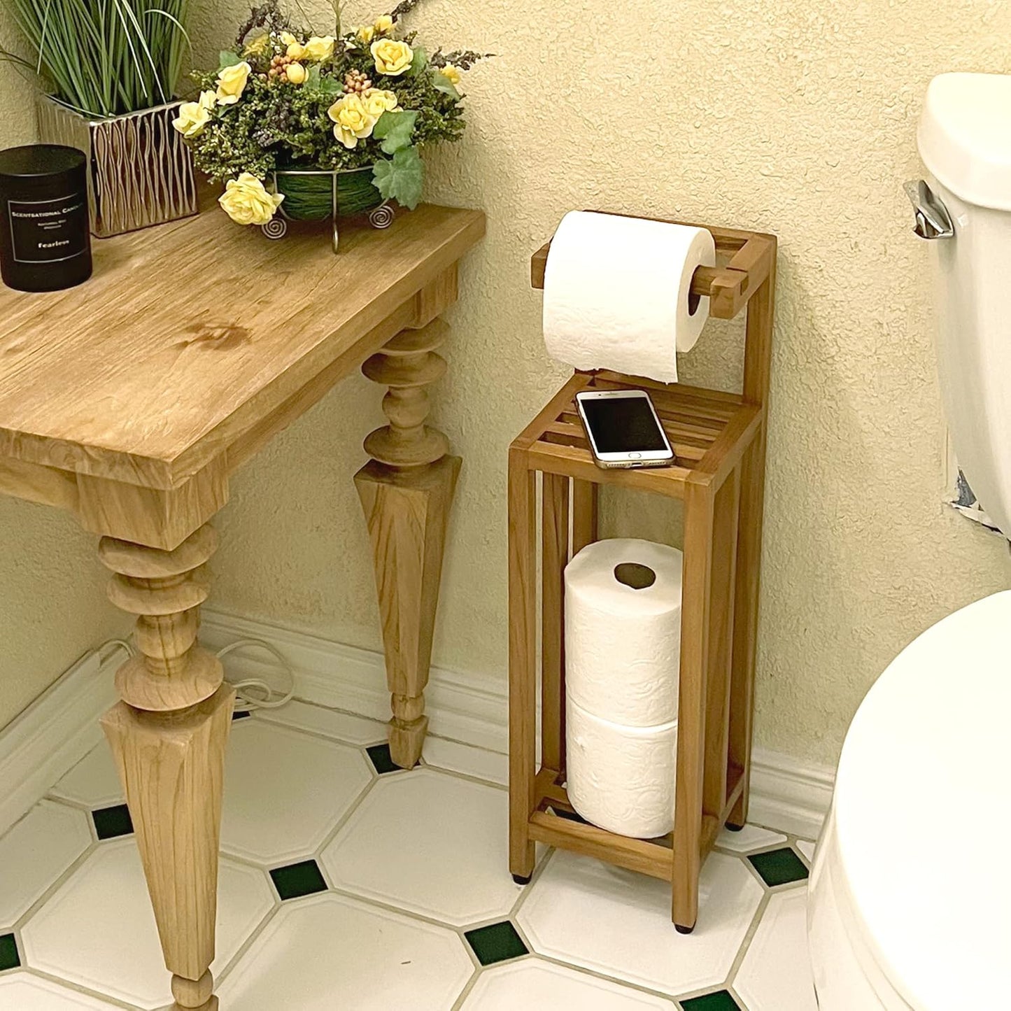 Solid Teak Toilet Paper Holder Stand with Shelf, Freestanding Bathroom Toilet Paper Roll Holder with Reserve, Standing Toilet Paper Holder with Storage, Fully Assembled, SpaTeak Collection, TB-702