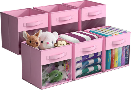 Sorbus 11 Inch Storage Bins with Clear Window - 6 Foldable Baskets for Organizing Clothes, Toys, Books - Sturdy Collapsible Fabric Storage Cubes with Handle - Storage Baskets for Shelves, Closets
