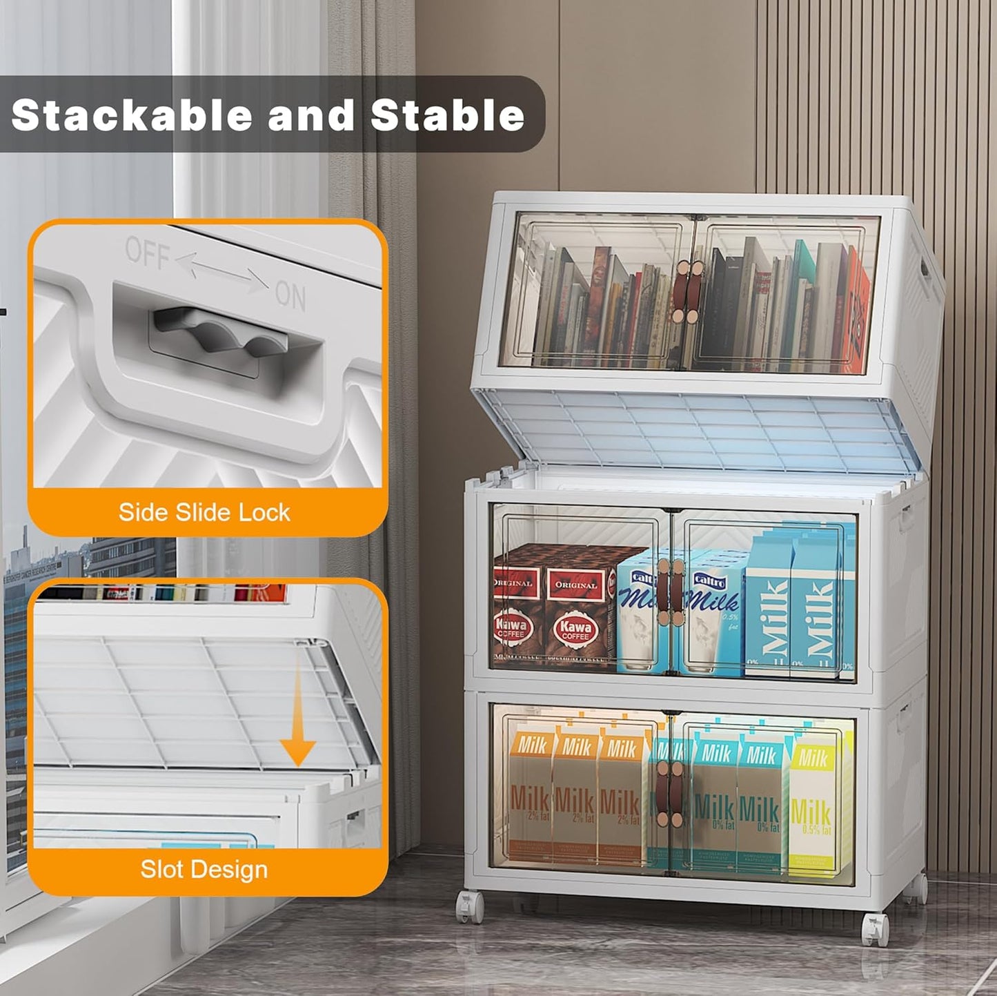 Extra Large Stackable Storage Bins with Lids & Wheels & Door, 312QT-52QT/13GAL*6Pack Foldable Collapsible Closet Organizers, Plastic containers drawers for bedroom Dorm