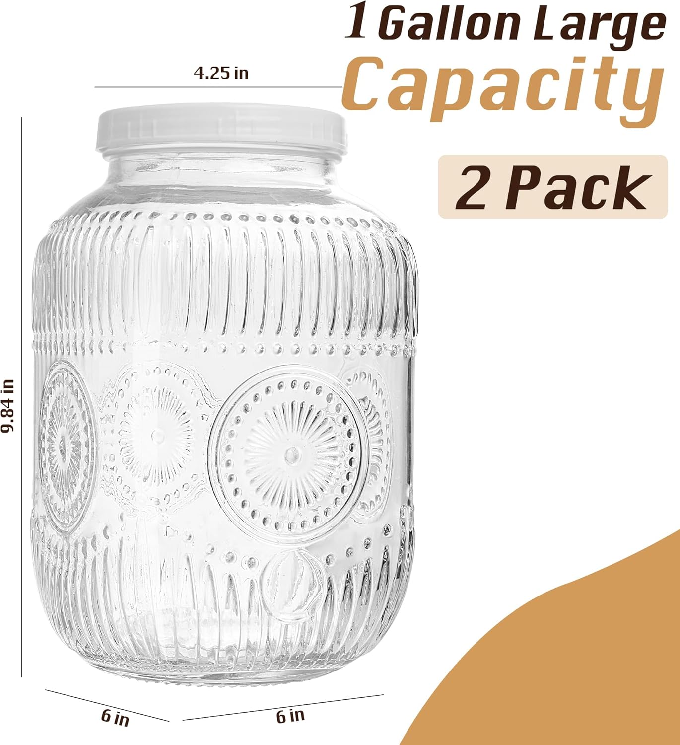 Amzcku 2 Pack 1 Gallon Glass Jar with Lid Wide Mouth, Large Mason Jar with Airtight Screw Lid and Handle, Glass storage containers, Cookie, Candy, Kombucha and fermention