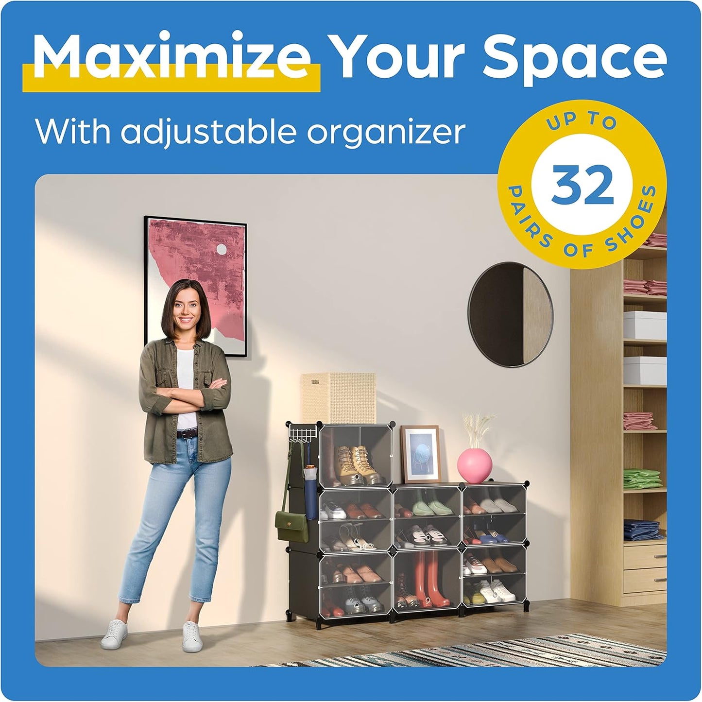 Shoe Organizer Cabinet Up to 32 Pairs, Shoe Closet-Covered Shoe Rack with See-Through Door (Clear, Plastic, Stackable) Cubby Portable Shoe Organizer with Covers, Hooks & Pockets, Black