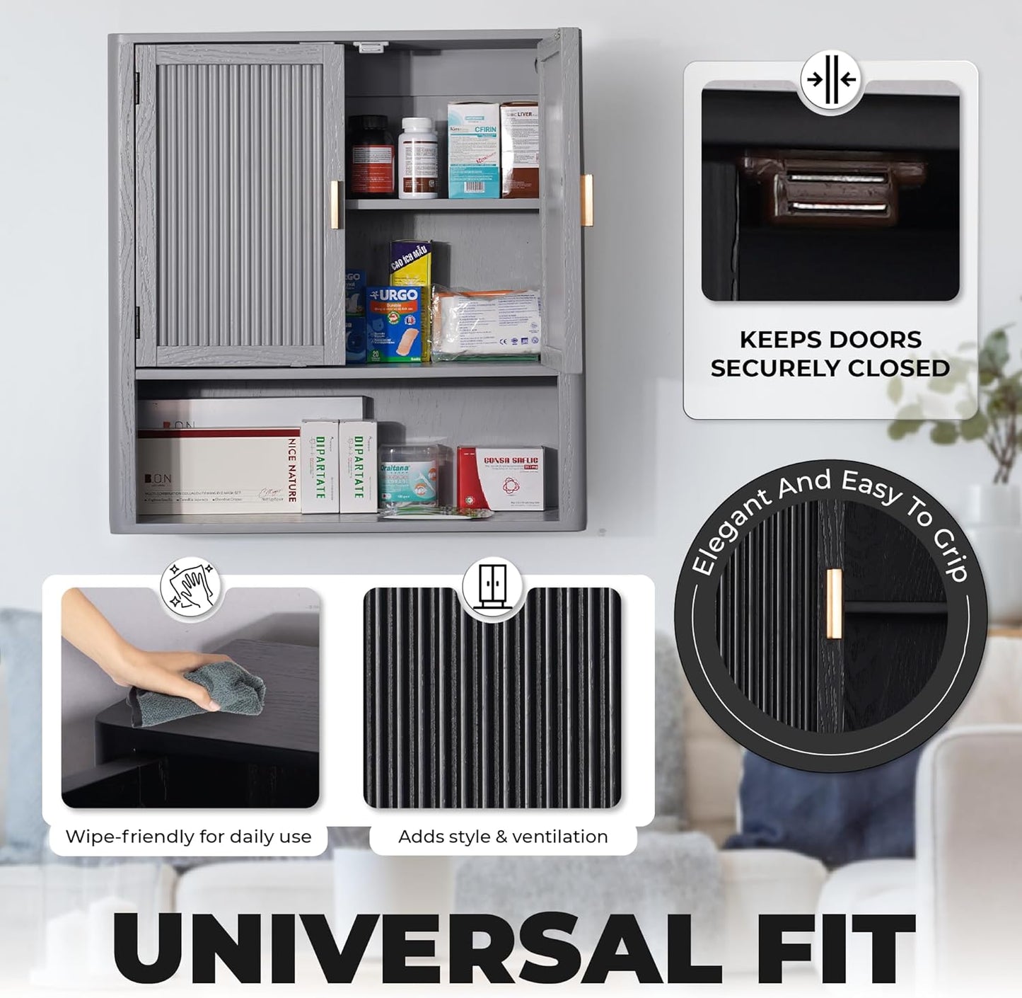 Bathroom Storage Cabinet – Pre-Assembled Wall-Mounted Medicine Cabinet with 2 Doors and Fixed Shelf, Over-The-Toilet Floating Organizer for Bathroom, Living Room, Kitchen, Laundry (Grey)