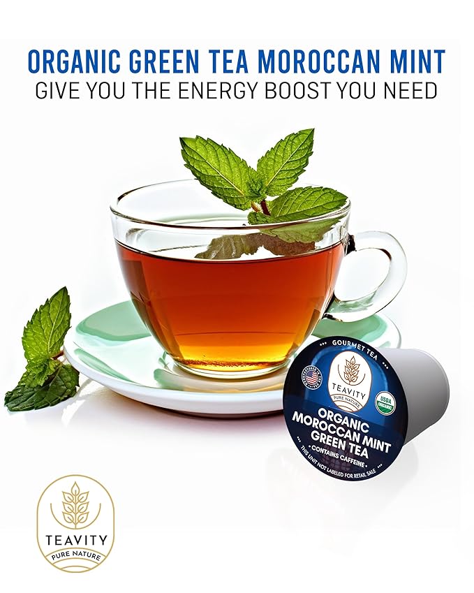 Organic Moroccan Mint Tea and Green Tea Pods for Keurig - Caffeinated Unsweet Tea for K Cup Brewing by Teavity (12 Tea Pods)