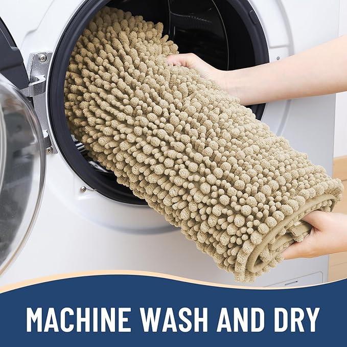 Arotive Luxury Chenille Bathroom Rug Mat, Extra Soft Thick Absorbent Shaggy Bath Rugs, Non-Slip Machine Wash Dry, Plush Bath Mats for Bathroom, Shower and Tub, 60x20, Beige