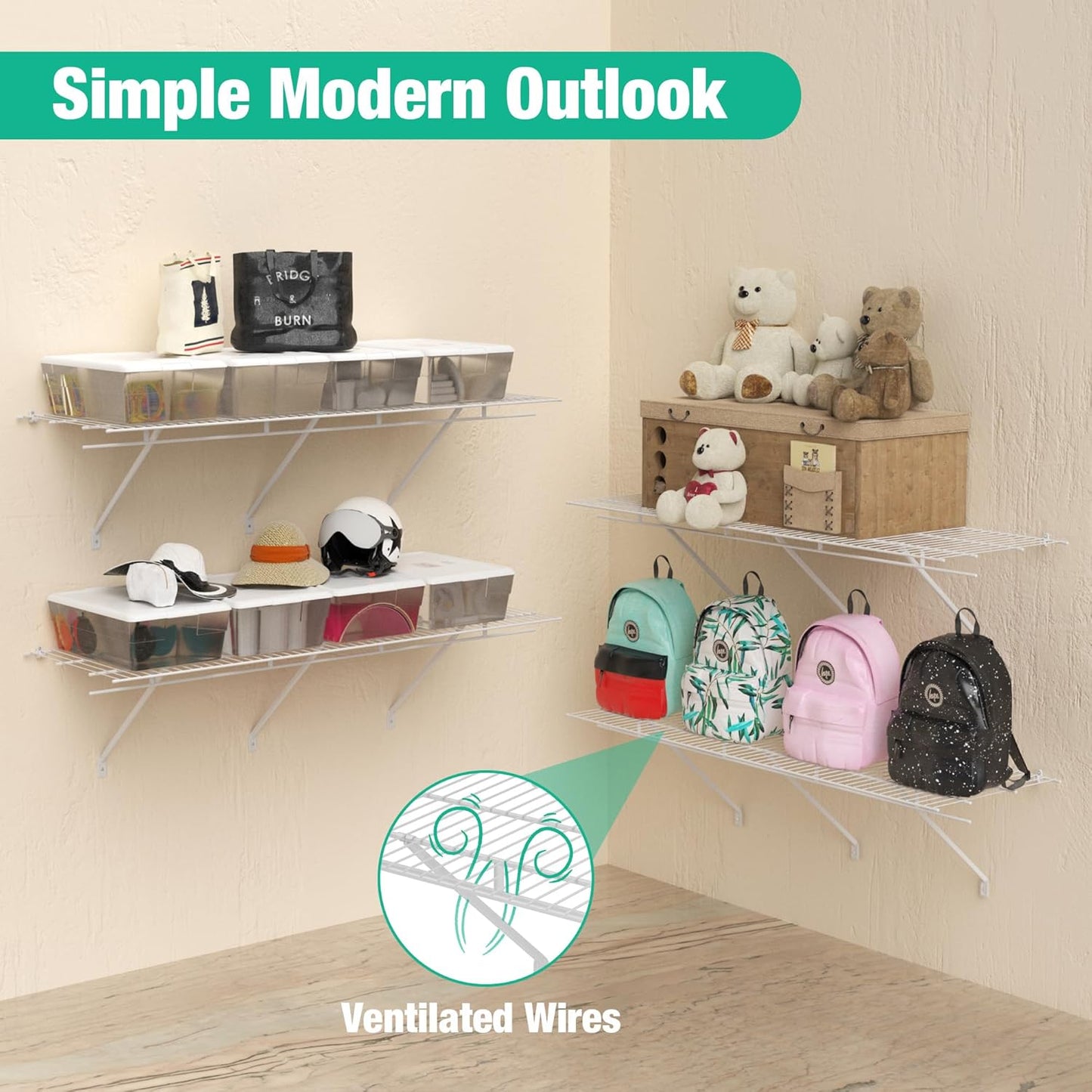 HAUSHOF Closet Shelves 4ft x 16in Wall Mounted 2-Pack, White Metal Wire Shelving for Laundry Room, Closet, Basement Organization and Storage