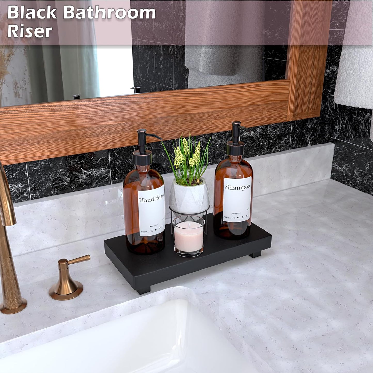 Black Bathroom Tray for Counter - 2 Pcs Matte Black Bathroom Accessories Set, 11” Wooden Riser for Decor, Bamboo Dish Soap Holder, Kitchen Sink Soap Tray, Small Wood Pedestal Stand