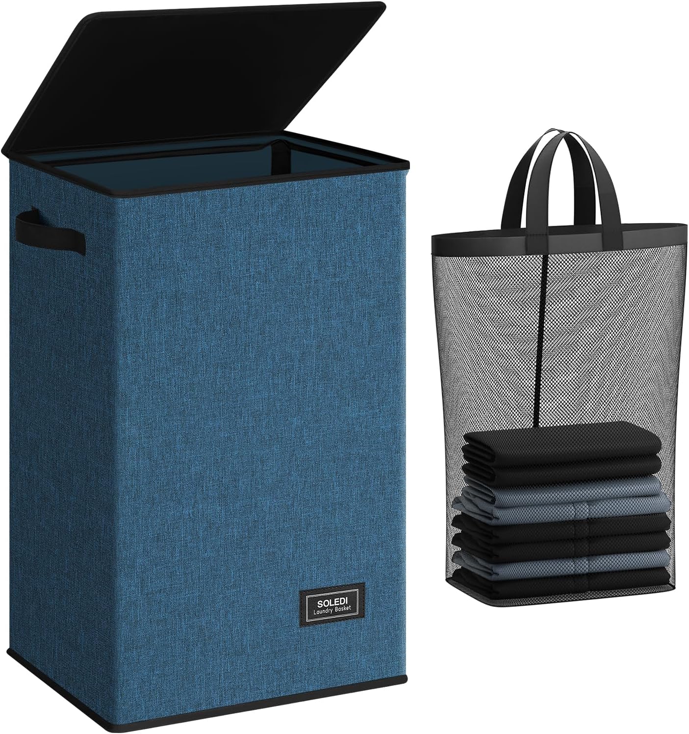 SOLEDI Laundry Hamper with Lid 90L Large & Tall Collapsible Laundry Basket, Clothes Hamper with Bag Removable Easy to Carry, Dirty Hampers for Bedroom, Bathroom, Dorm, College, Blue