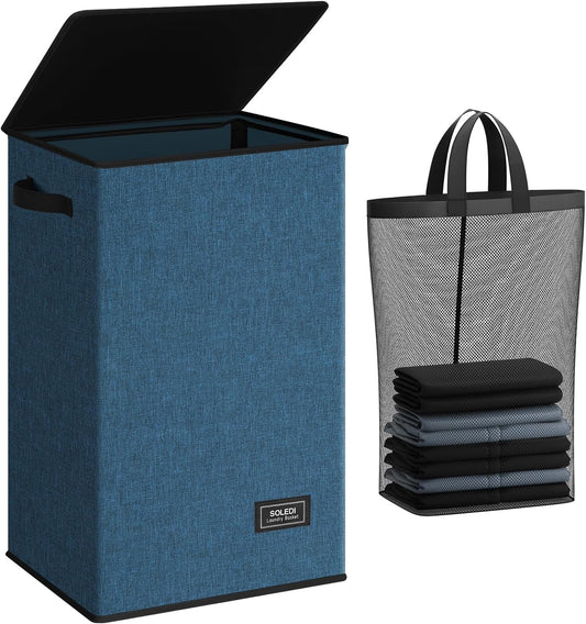 SOLEDI Laundry Hamper with Lid 90L Large & Tall Collapsible Laundry Basket, Clothes Hamper with Bag Removable Easy to Carry, Dirty Hampers for Bedroom, Bathroom, Dorm, College, Blue