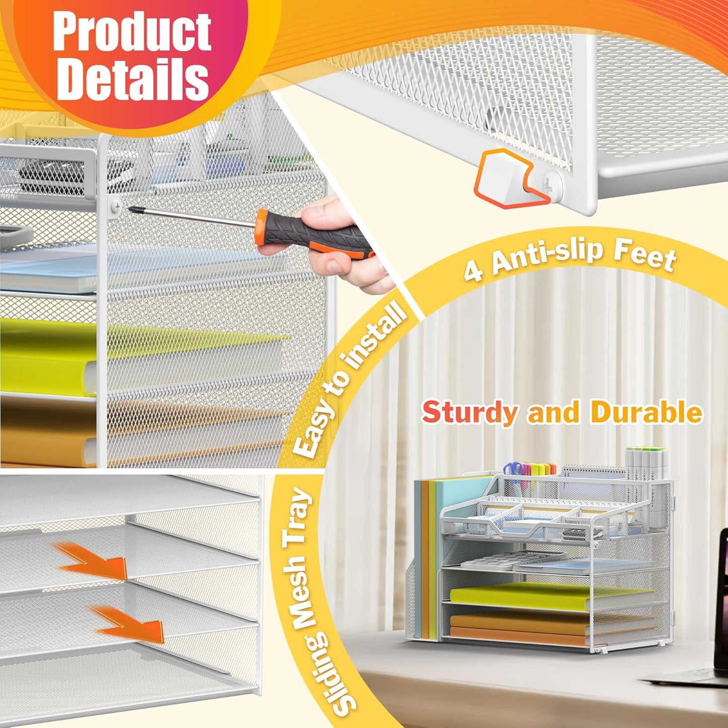 Docnest 4 Tier Mesh Desk Organizer with File Holder – Multi-Functional Paper Letter Tray with 5 Adjustable Compartments, 3 Pen Holders, Desktop Storage for Files, Mail, Stationery – White