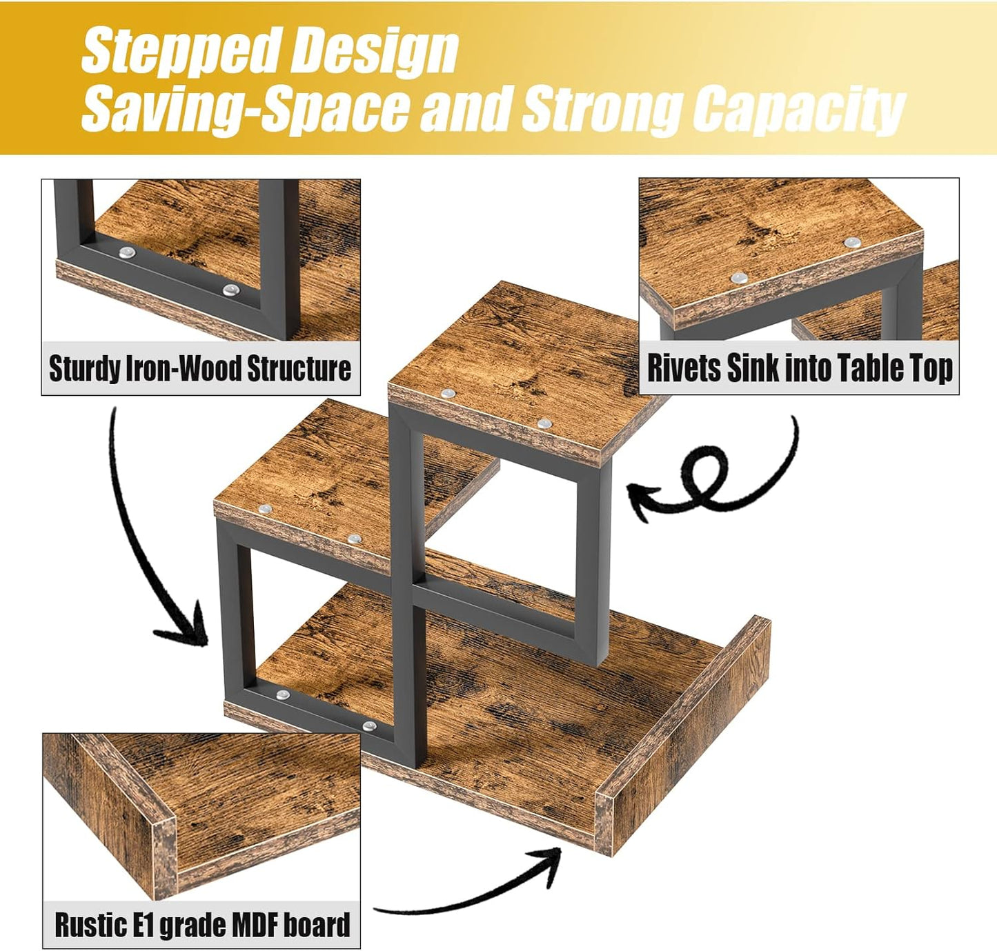 Gannyfer Desk Shelf Organizer - Wood Desktop Shelf, Freestanding Desk Hutch Office Decor, 3 Tier Storage Display Rack, Small Bookshelf with Metal Frame for Books/Plants/Toys (Rustic Brown Black)