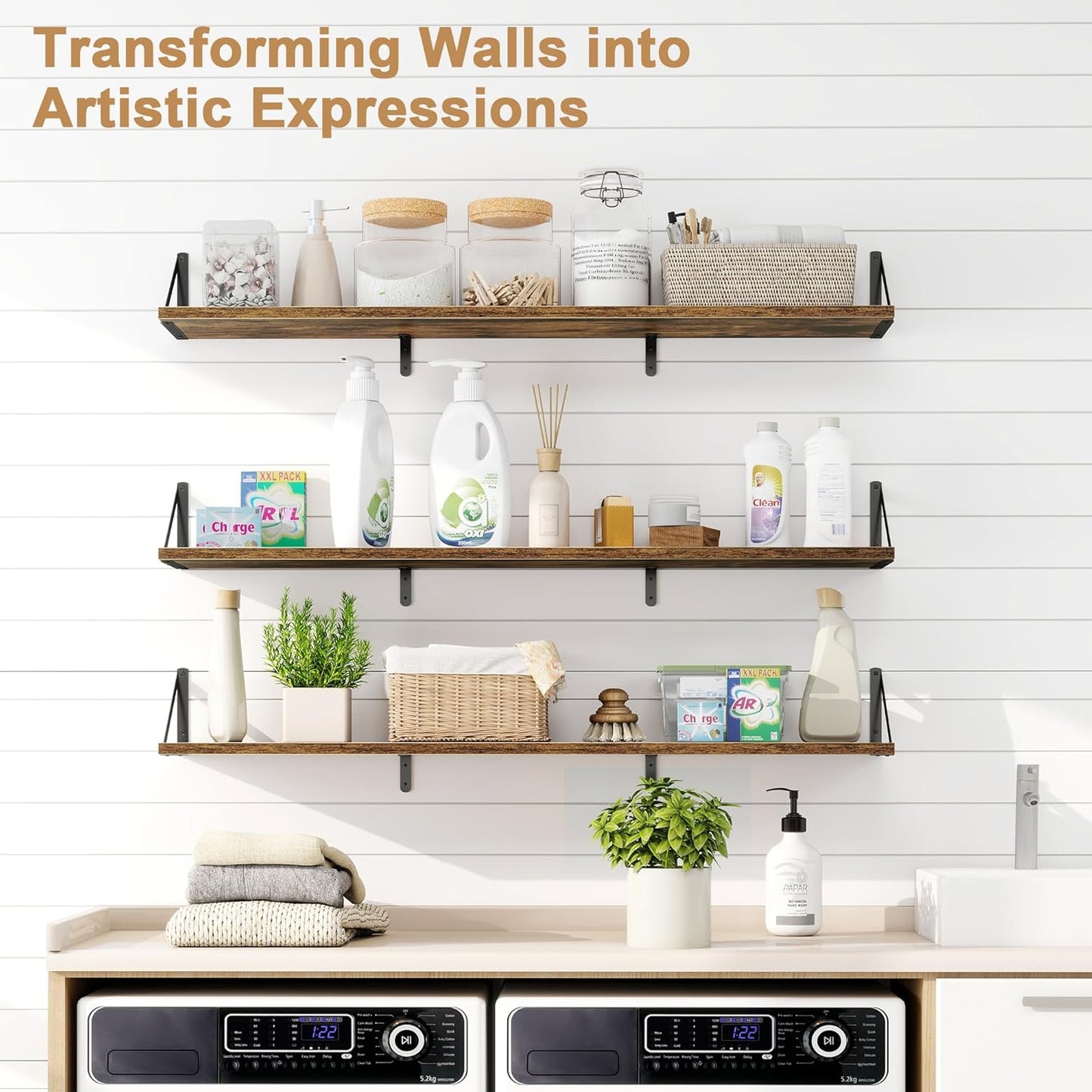 Fun Memories Extra Long Floating Wall Shelves, 48 x 8 Inches, Set of 3 Large Wood Floating Bookshelves with Metal Brackets for Storage & Display (Rustic Brown)