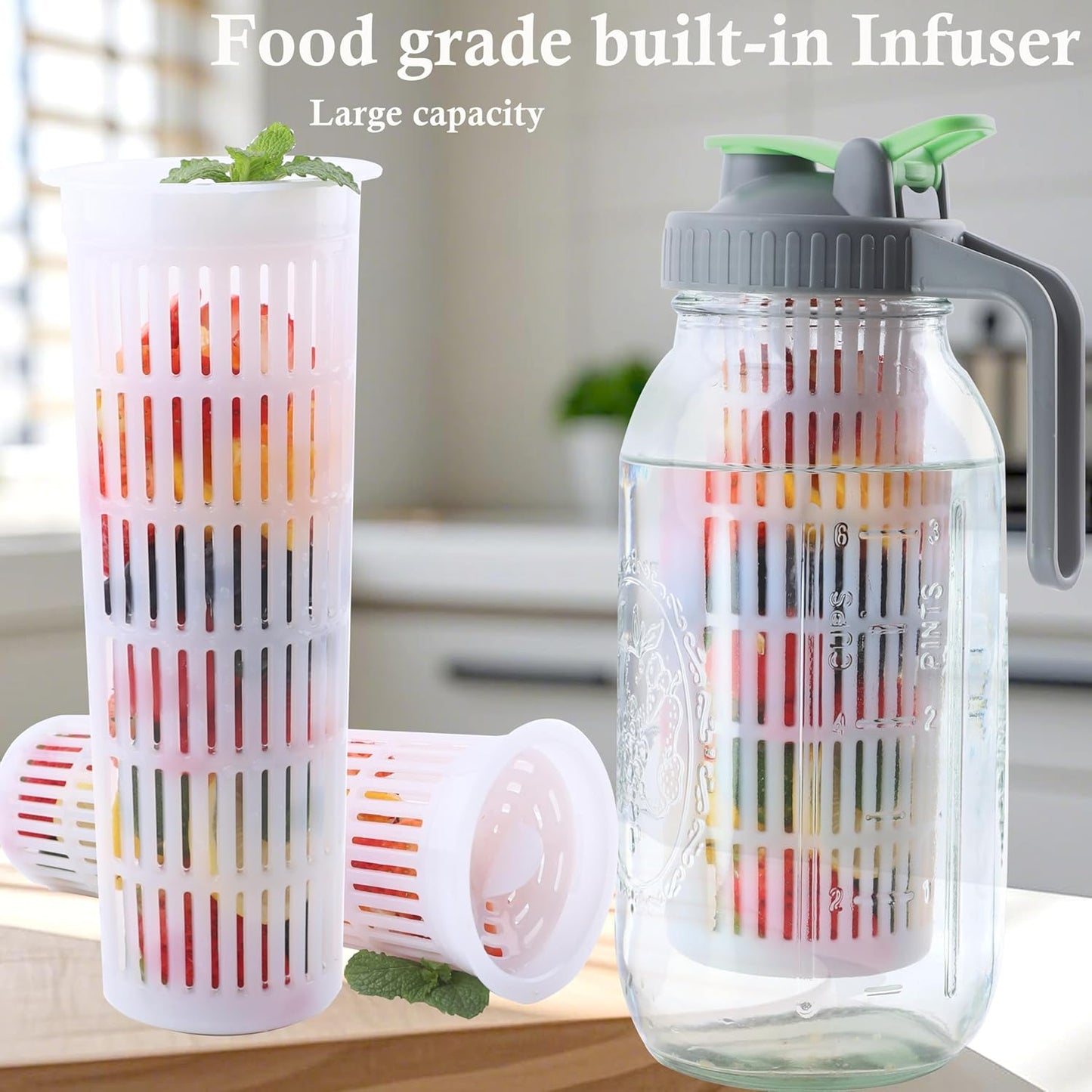 2 Quart Glass Mason Jar Water Pitcher With Fruit Infuser 64 Oz Wide Mouth Infused Cold Hot Water Jug Carafe With Lid Half Gallon For Coffee Sun Tea Lemonade Juice Homemade Drinks Container