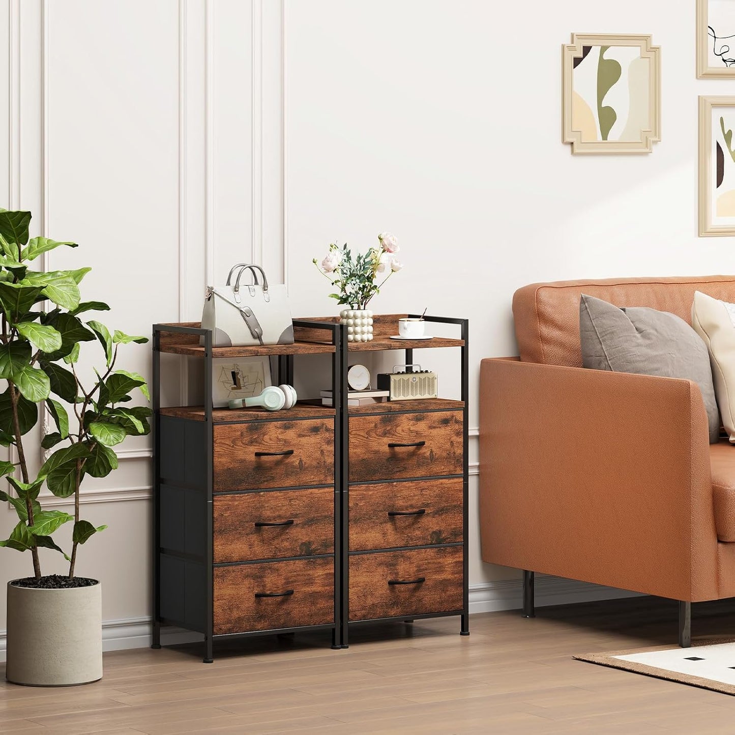 Somdot Nightstand with 3 Drawers, Dresser with Fabric Bins for Bedroom, Hallway, Entryway, Nightstand Bedside Table Furniture, Sturdy Steel Frame, Wooden Top, Easy Pull Fabric Bins, Wood Grain Print